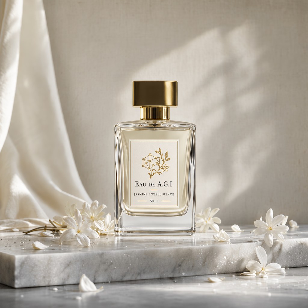 Флакон духов Eau de A.G.I. на мраморе среди белых цветов — пример GPT Image 2.5