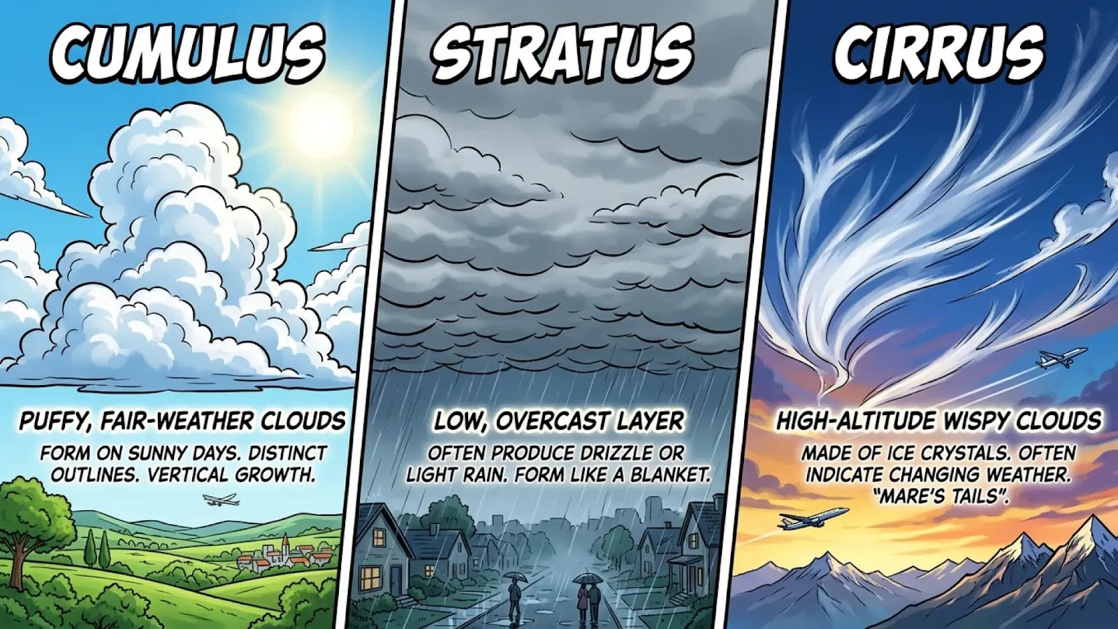 Комикс-триптих о трёх типах облаков: Cumulus, Stratus и Cirrus с подписями — пример Nano Banana 2