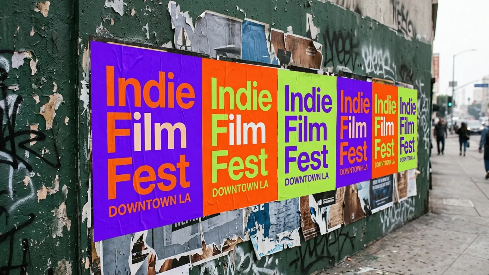 Ряд ярких афиш Indie Film Fest Downtown LA на зелёной облезлой стене у тротуара — пример Nano Banana 2
