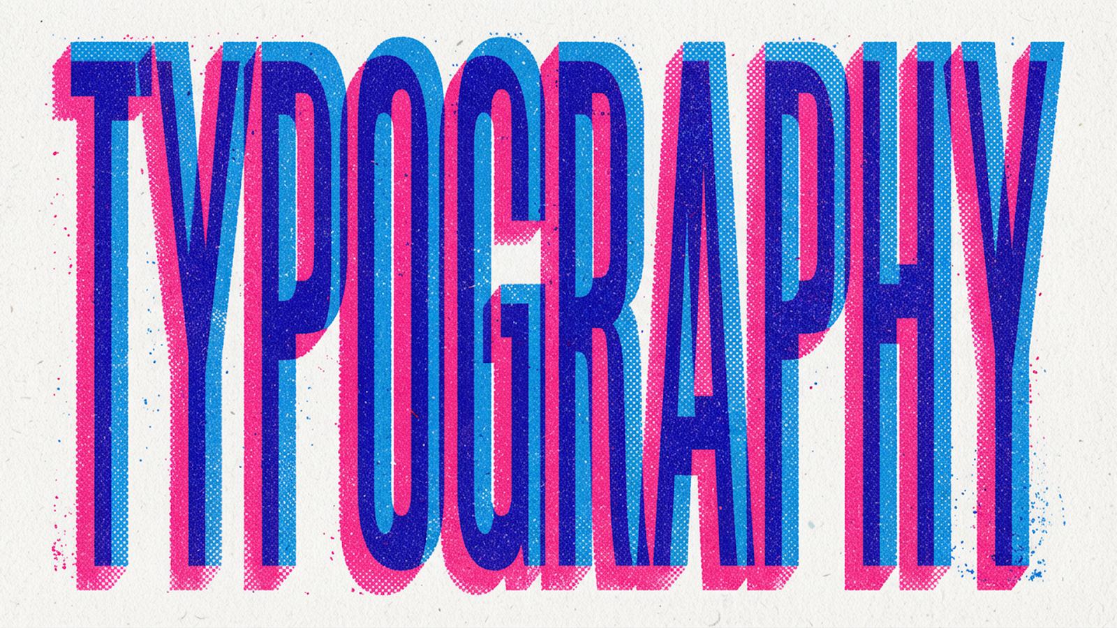 Слово TYPOGRAPHY высоким шрифтом с розово-синим растром и тенью — пример Nano Banana Pro