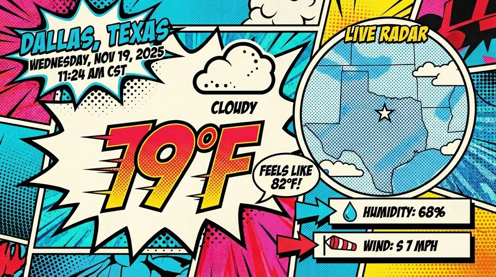 Прогноз погоды для Далласа в стиле комикса: 79 °F, облачно, влажность, ветер и карта радара — пример Nano Banana Pro