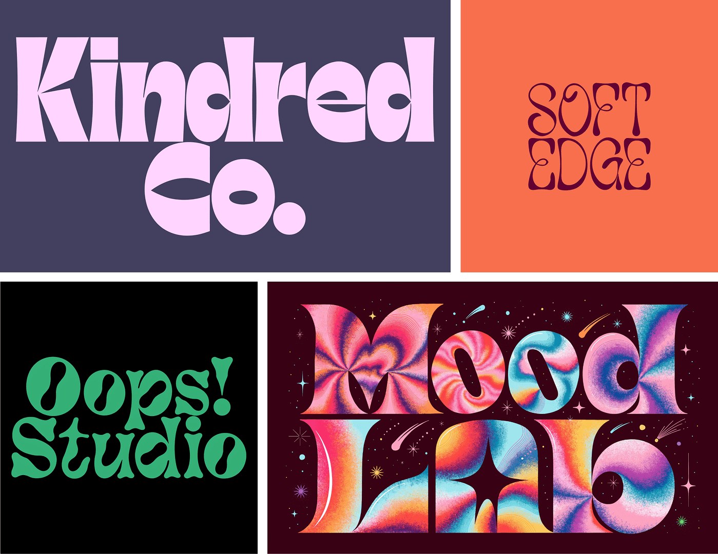 Четыре логотипа: Kindred Co., Soft Edge, Oops! Studio и Mood Lab — пример Recraft V4