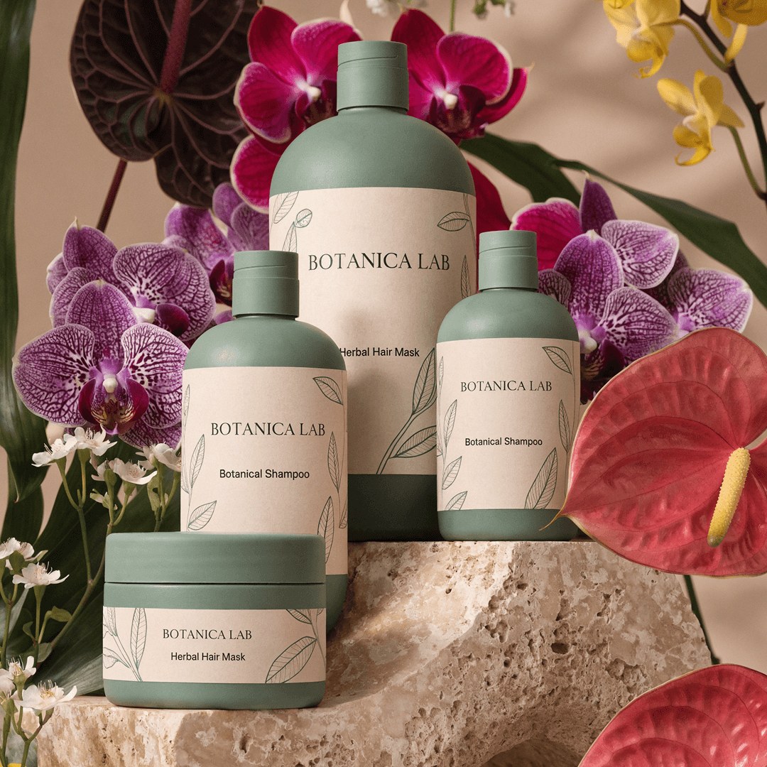 Флаконы шампуня и маски Botanica Lab среди орхидей и антуриумов — пример Recraft V4
