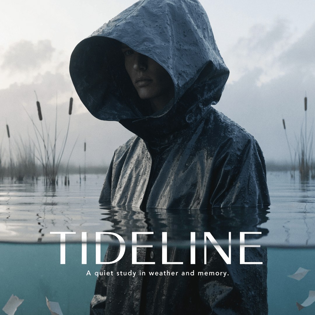 Обложка журнала TIDELINE: человек в капюшоне стоит по пояс в воде — пример Recraft V4